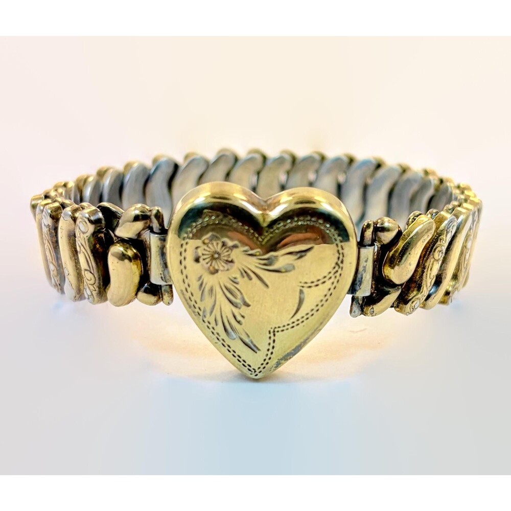 Vintage Gold Filled Heart Expansion Bracelet, Etched, Co-Star, Art Deco